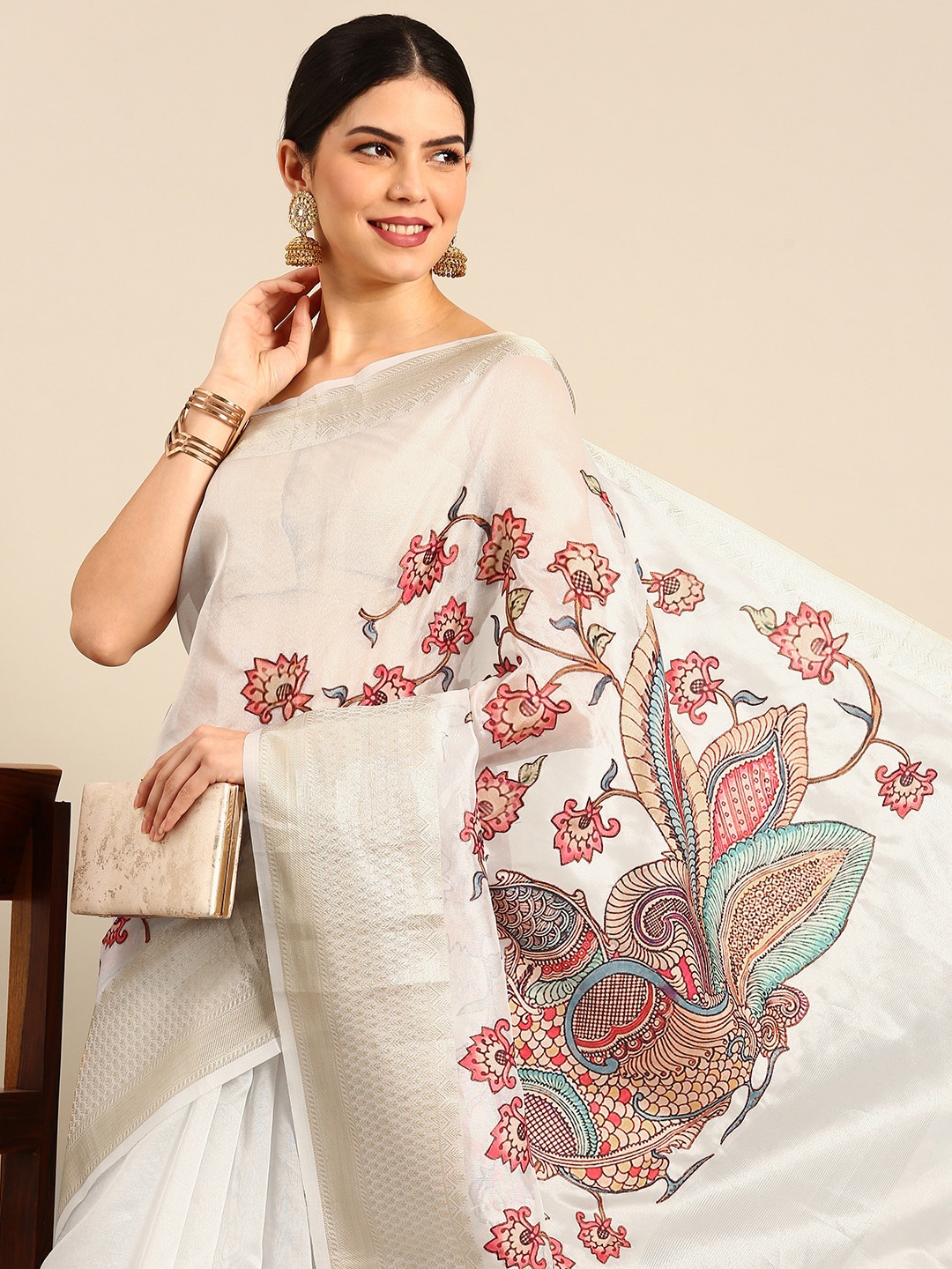 

Simaaya Floral Woven Design Patchwork Zari Kota Saree, White