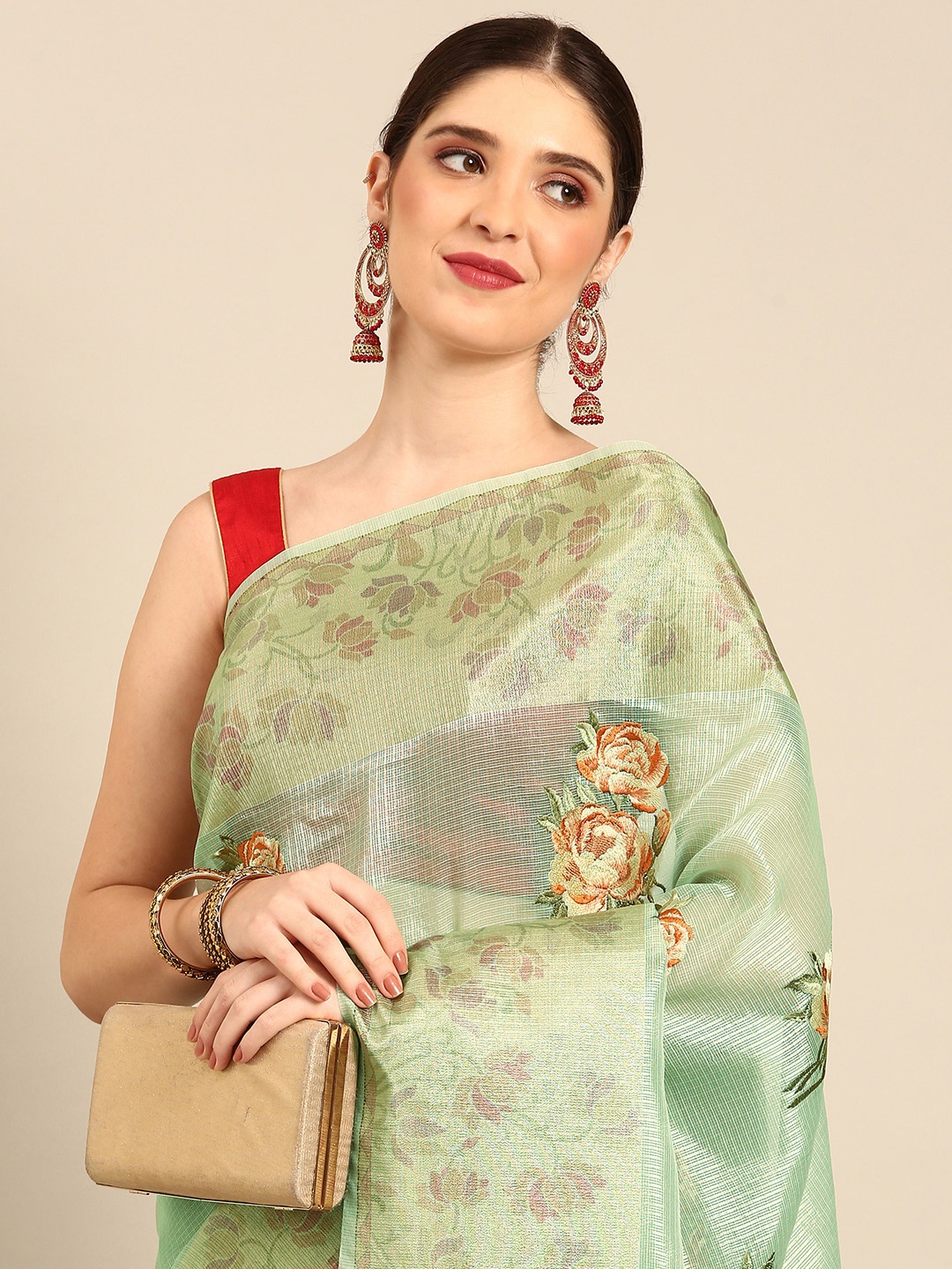 

Simaaya Floral Embroidered Kota Saree, Green