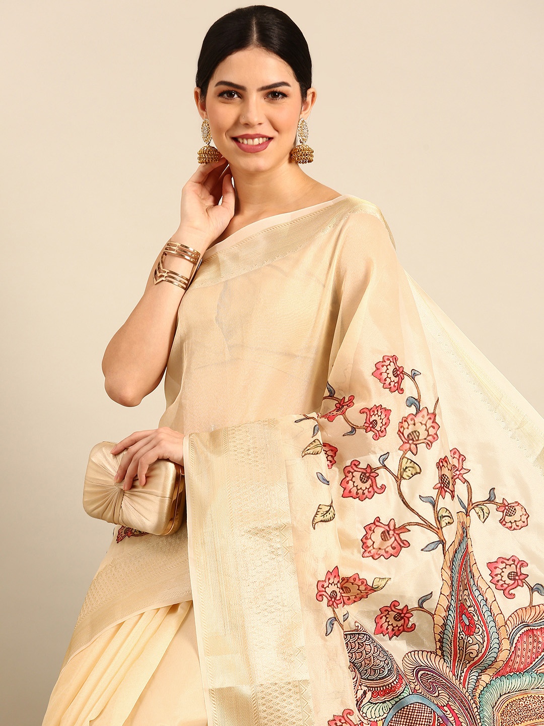 

Simaaya Floral Woven Design Zari Patchwork Kota Saree, Cream