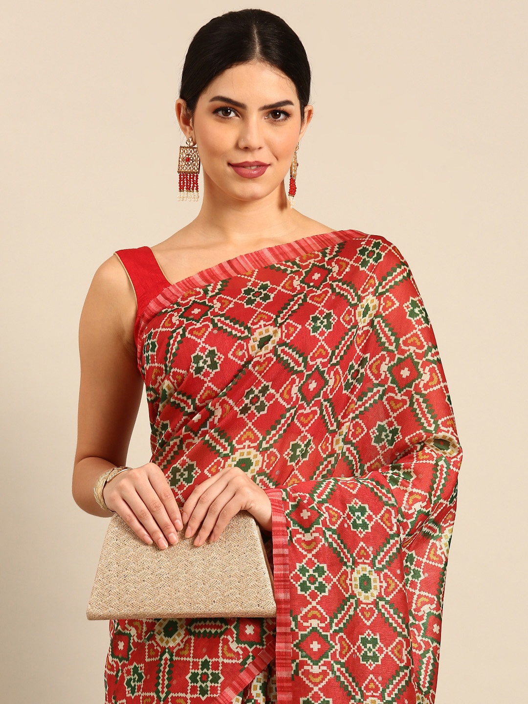 

Simaaya Bandhani Print Silk Cotton Saree, Red