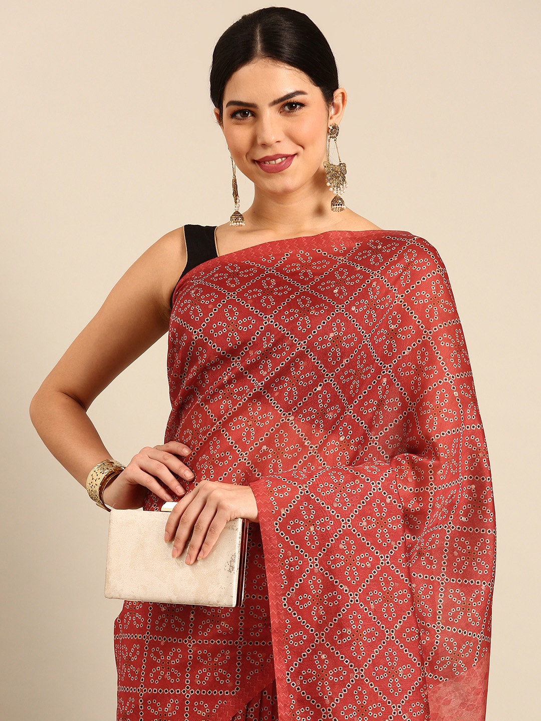 

Simaaya Bandhani Print Silk Cotton Saree, Red