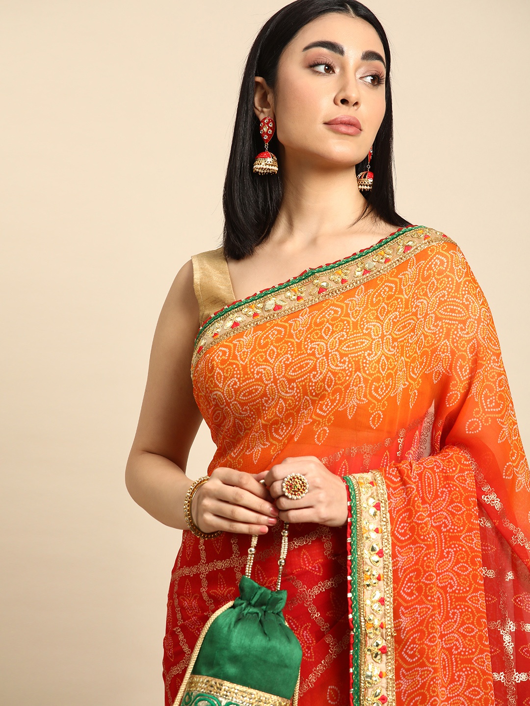 

Mitera Gotta Patti Poly Georgette Bandhani Saree, Orange
