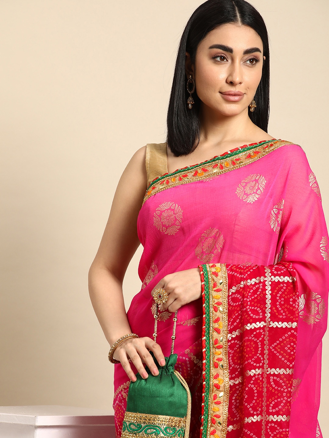 

Mitera Ethnic Motifs Gotta Patti Poly Georgette Bandhani Saree, Pink