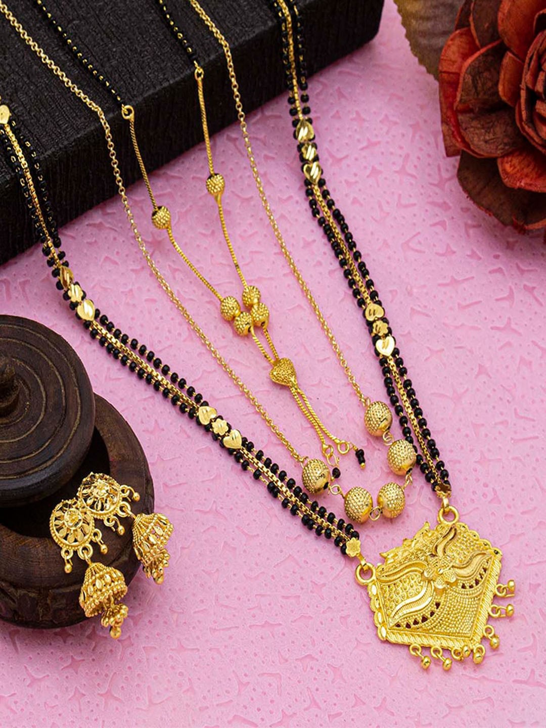 

Ramdev Art Fashion Jwellery Gold-Plated Mangalsutra & 2pcs Chain With Earrings