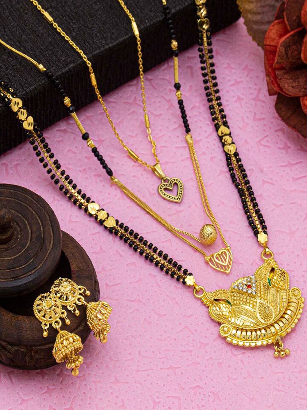 

Ramdev Art Fashion Jwellery Gold-Plated Mangalsutra & 2pcs Chain With Earrings