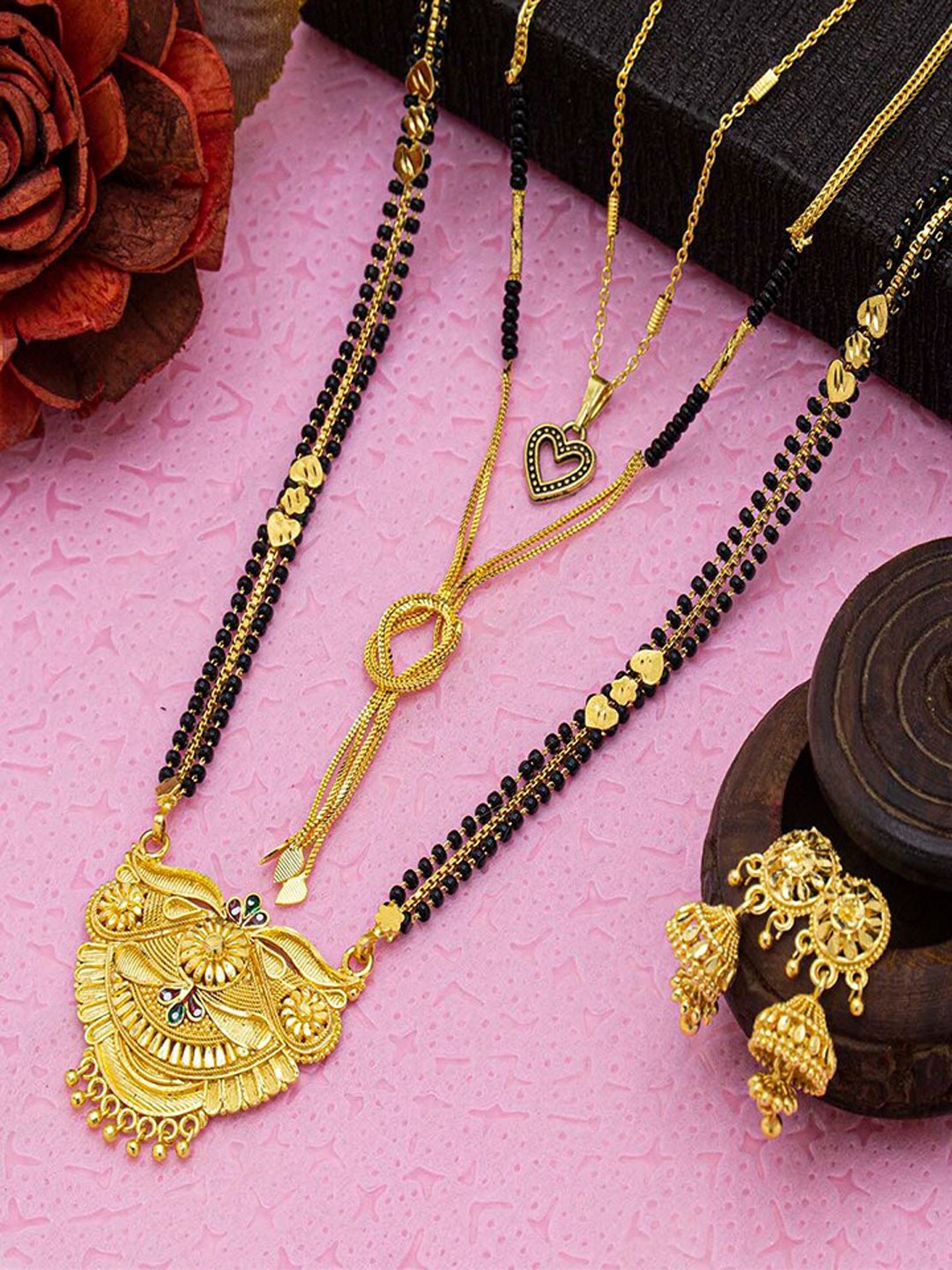 

Ramdev Art Fashion Jwellery Gold-Plated Mangalsutra & 2pcs Chain With Earrings