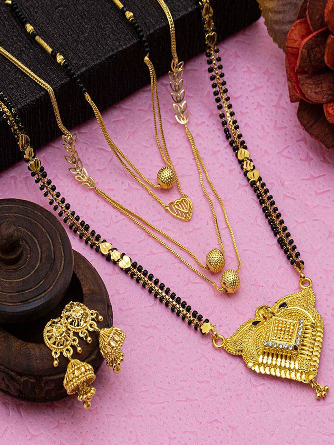

Ramdev Art Fashion Jwellery Gold-Plated Mangalsutra & 2pcs Chain With Earrings