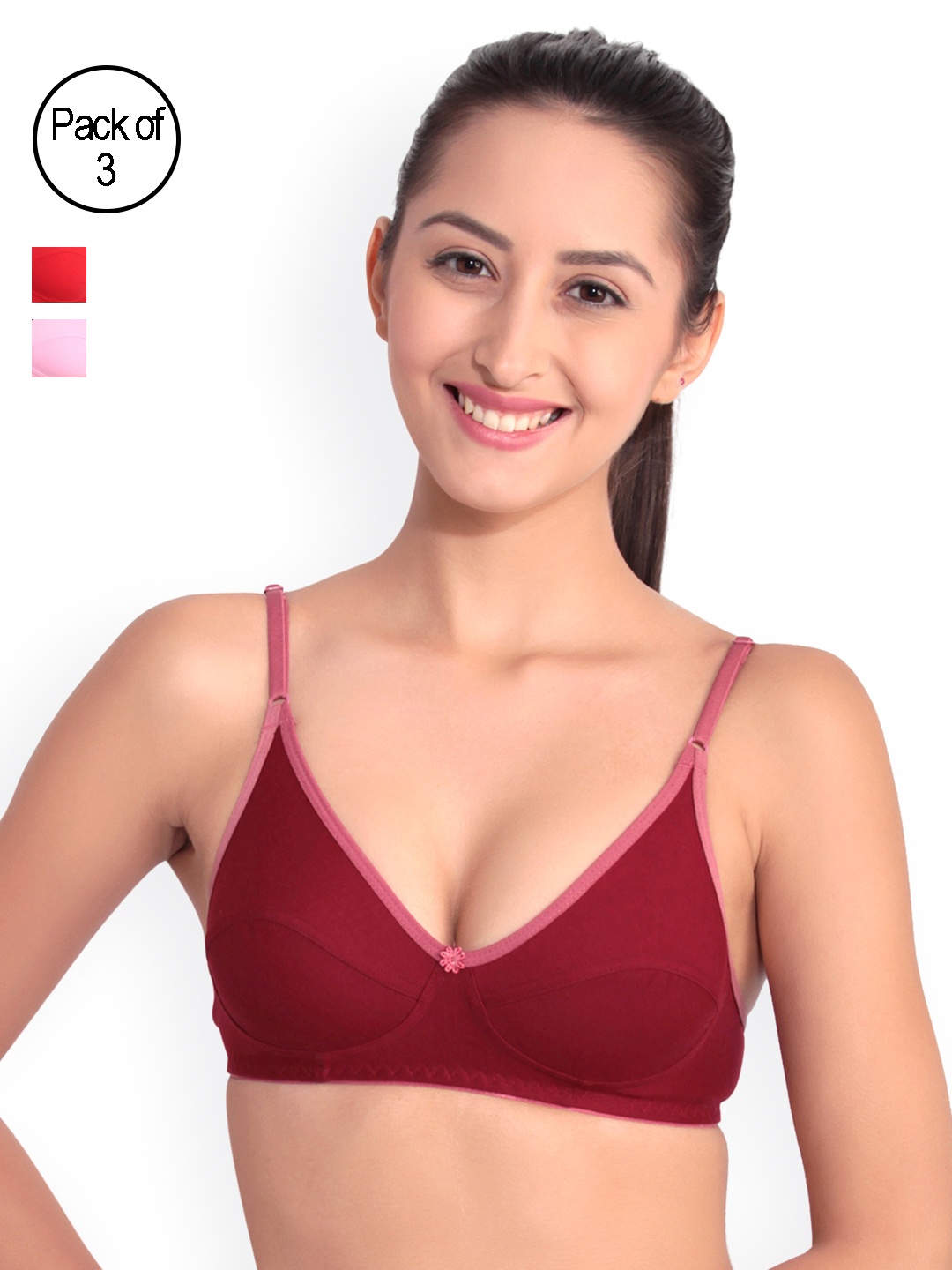 

Floret Pack of 3 Full-Coverage Bras, Red
