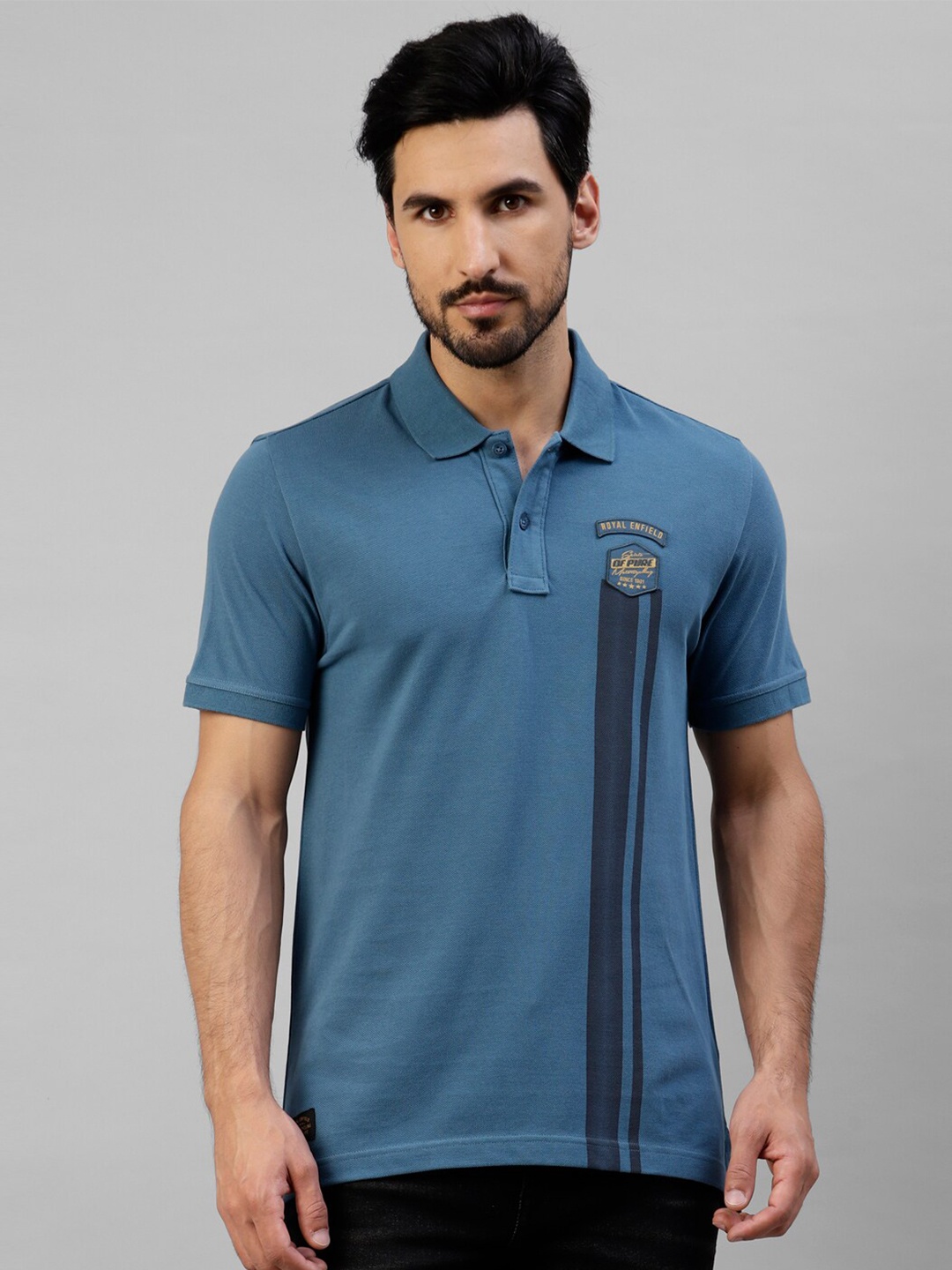 

Royal Enfield Striped Polo Collar Cotton T-shirt, Blue