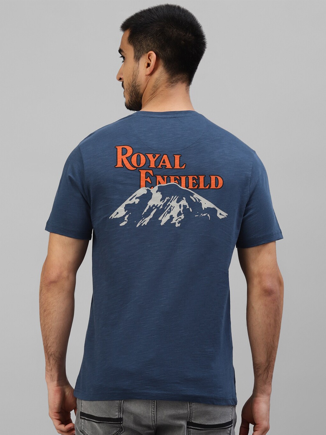 

Royal Enfield Typography Printed Cotton T-shirt, Navy blue
