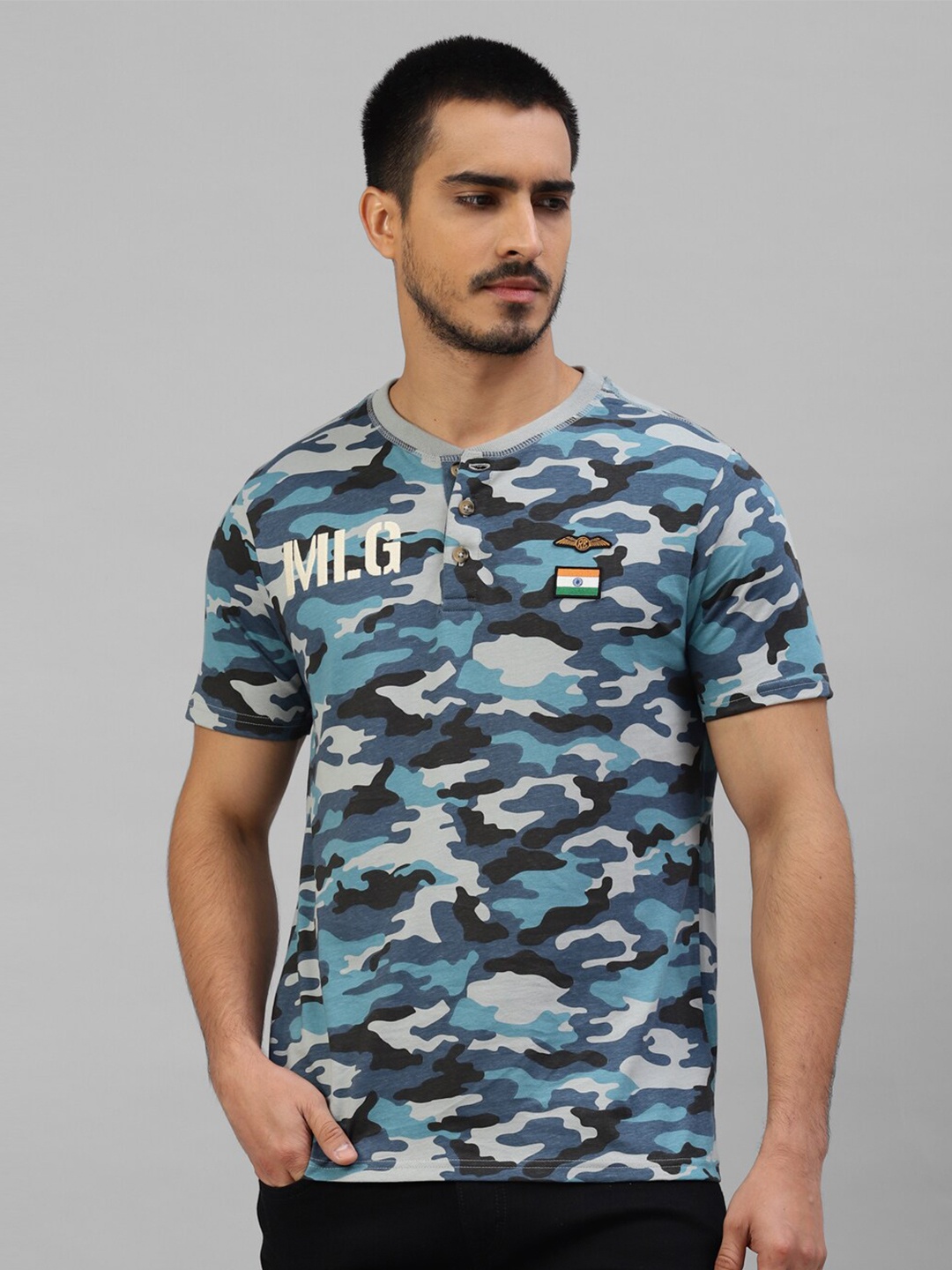 

Royal Enfield Camouflage Printed Henley Neck Applique Cotton Casual T-shirt, Blue