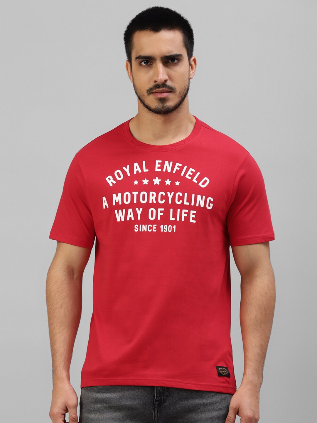 

Royal Enfield Typography Printed Round Neck Cotton Casual T-shirt, Red