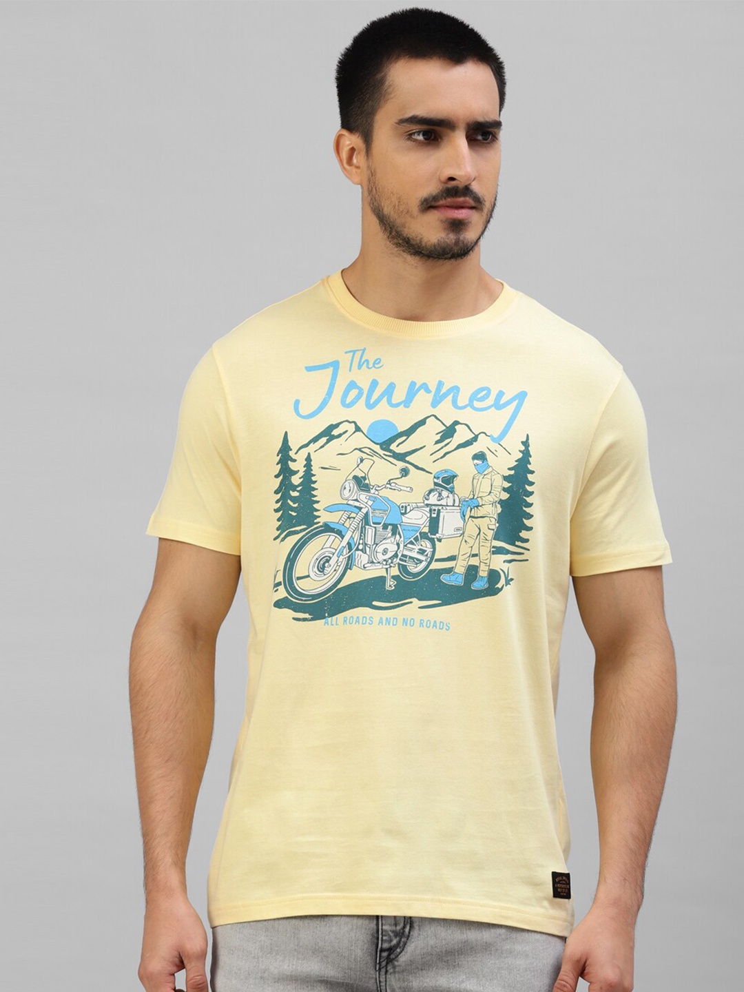 

Royal Enfield Graphic Printed Round Neck Cotton Casual T-shirt, Yellow