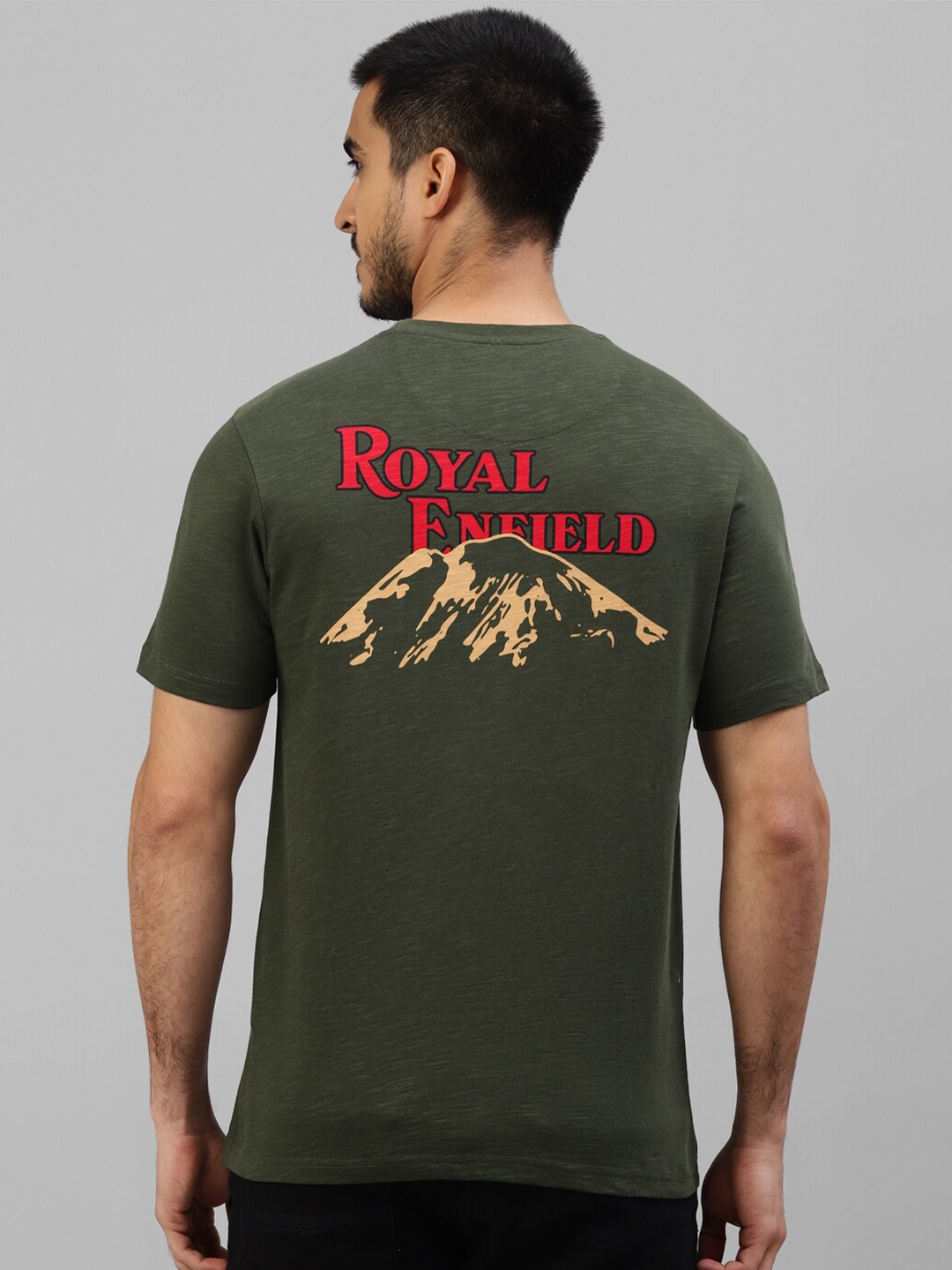 

Royal Enfield Graphic Printed Round Neck Cotton Casual T-shirt, Olive