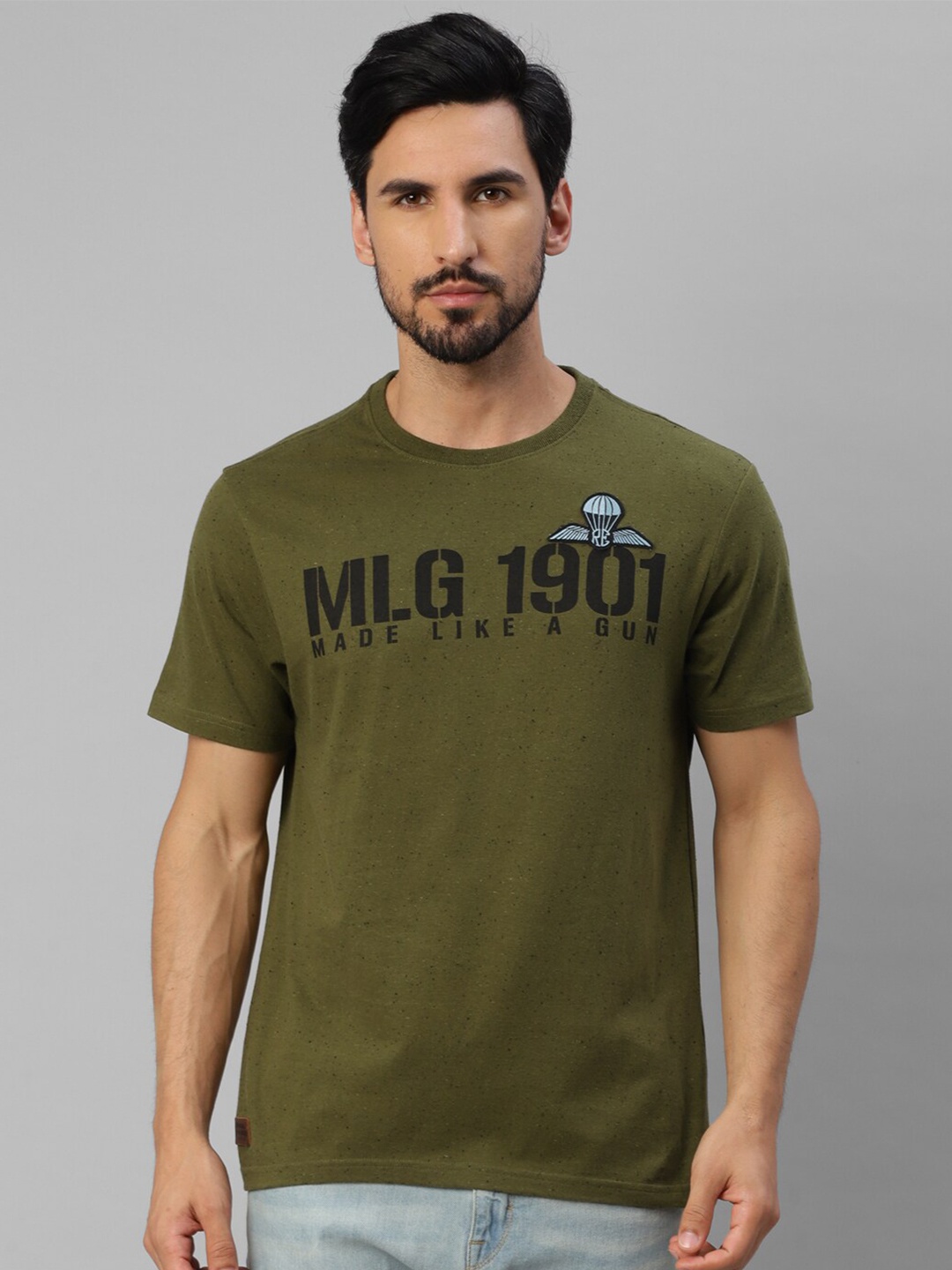 

Royal Enfield Typography Printed Round Neck Applique Casual T-shirt, Olive
