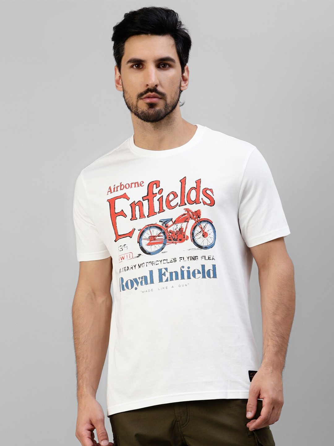 

Royal Enfield Typography Printed Round Neck Cotton Casual T-shirt, White