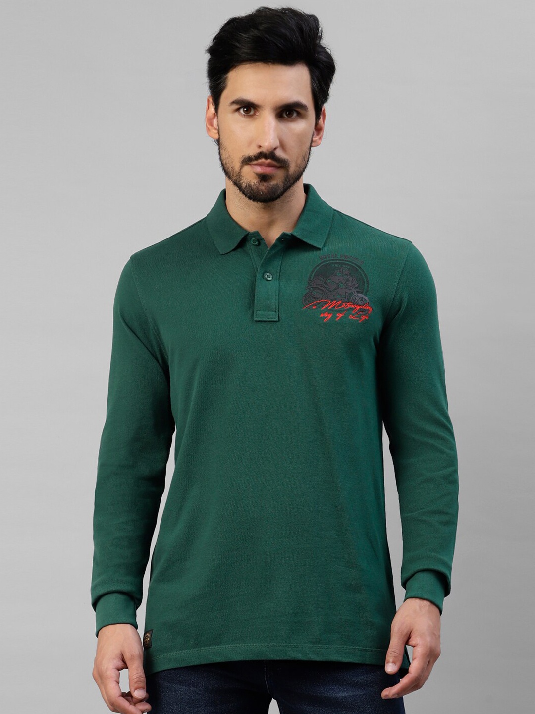 

Royal Enfield Polo Collar Applique Cotton Casual T-shirt, Green