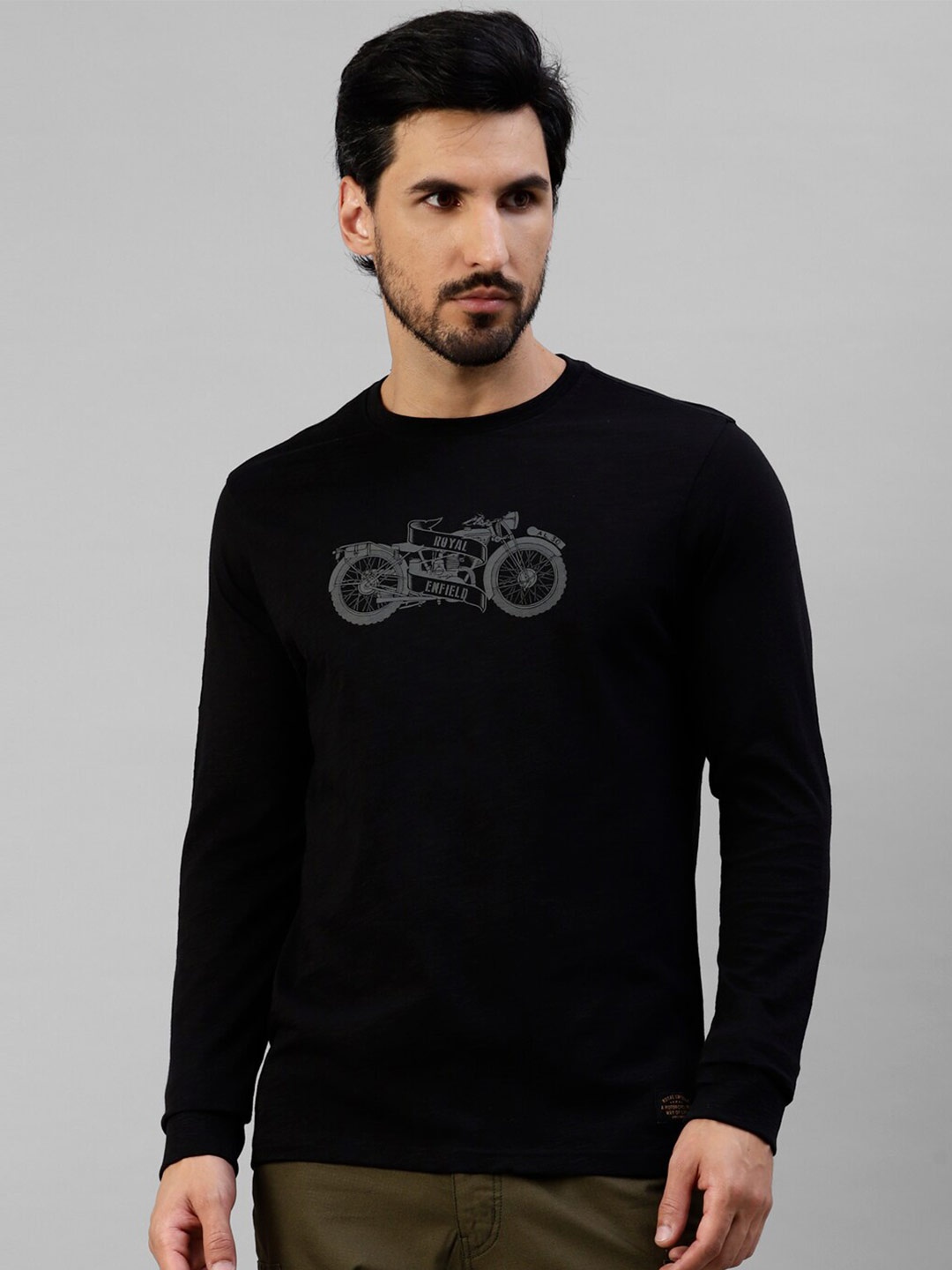 Royal Enfield Graphic Printed Round Neck Regular Fit Cotton T-Shirt, Black