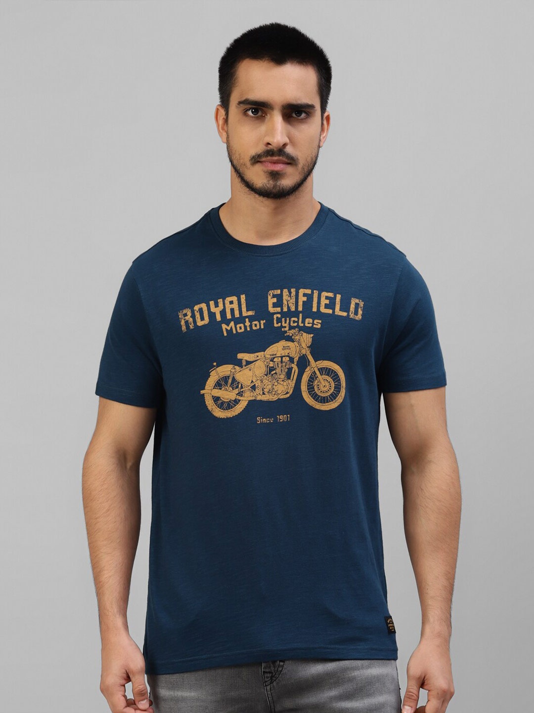 

Royal Enfield Typography Printed Round Neck Regular Fit Cotton T-Shirt, Navy blue