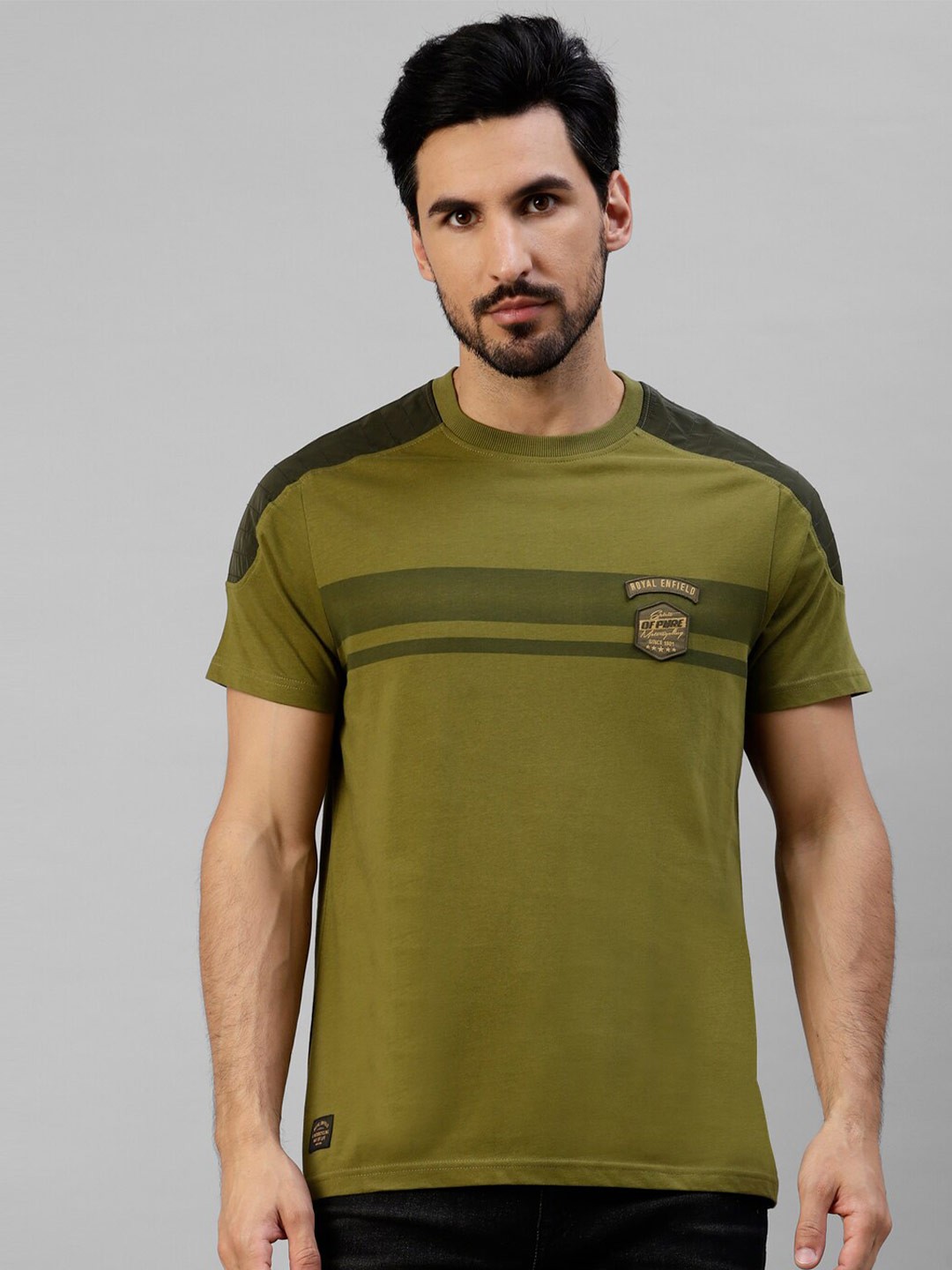

Royal Enfield Striped Round Neck Cotton T-shirt, Olive