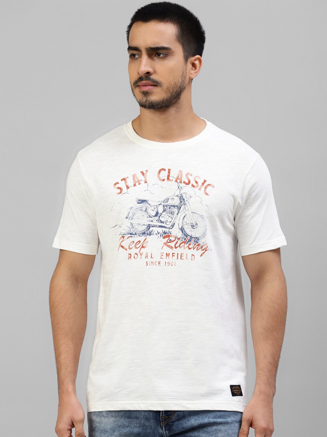 

Royal Enfield Typography Printed Cotton T-shirt, White