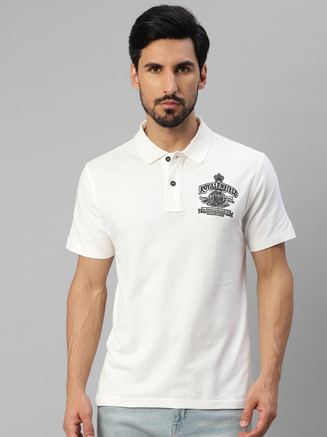 

Royal Enfield Typography Printed Polo Collar Cotton T-shirt, White