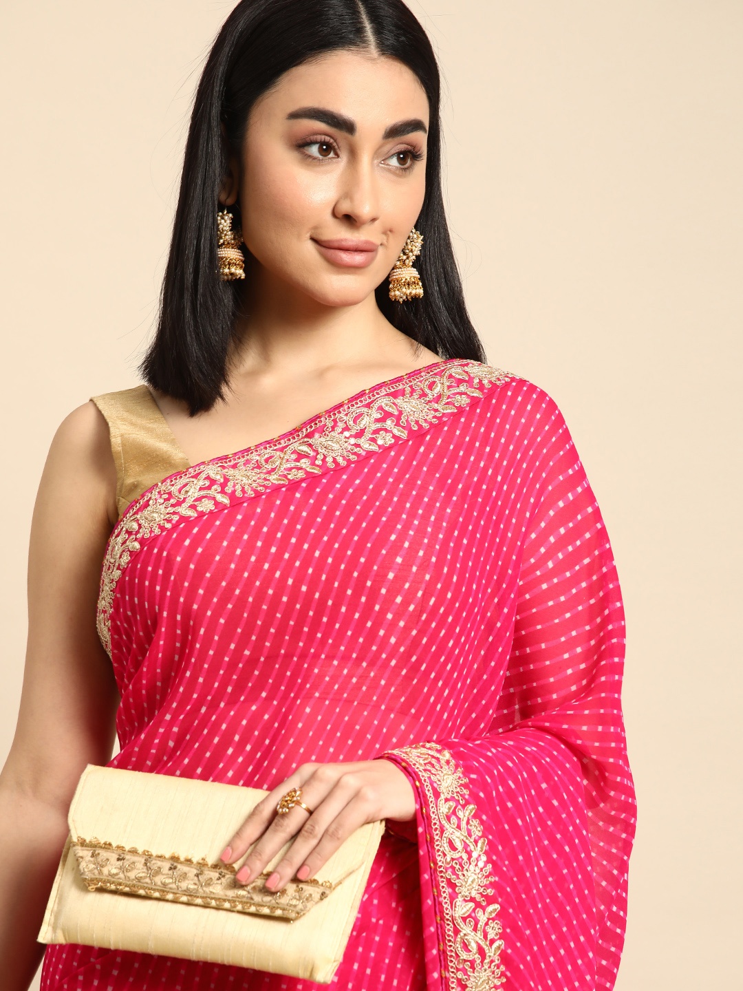 

Mitera Leheriya Zari Poly Georgette Bandhani Saree, Pink