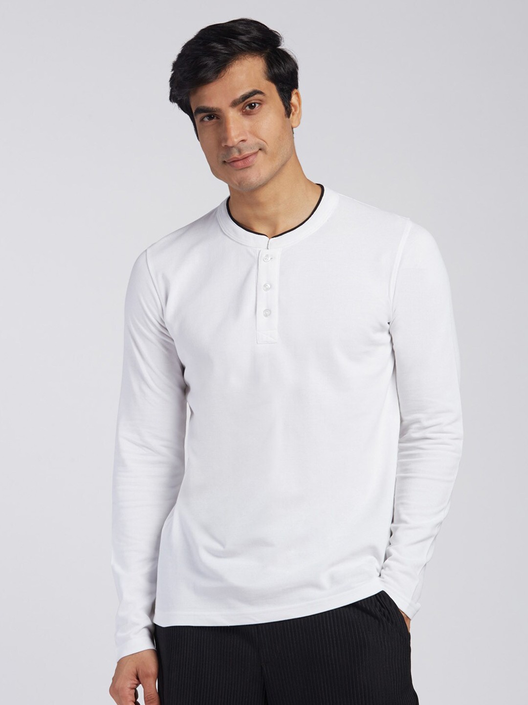 

KINGDOM OF WHITE Henley Neck Long Sleeve Pure Cotton Regular T-shirt