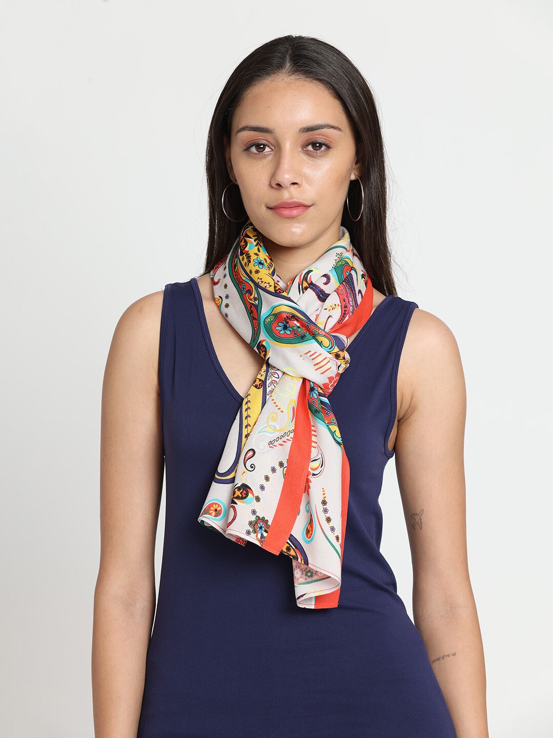 

SHAYE Ethnic Motifs Printed Scarf, Beige