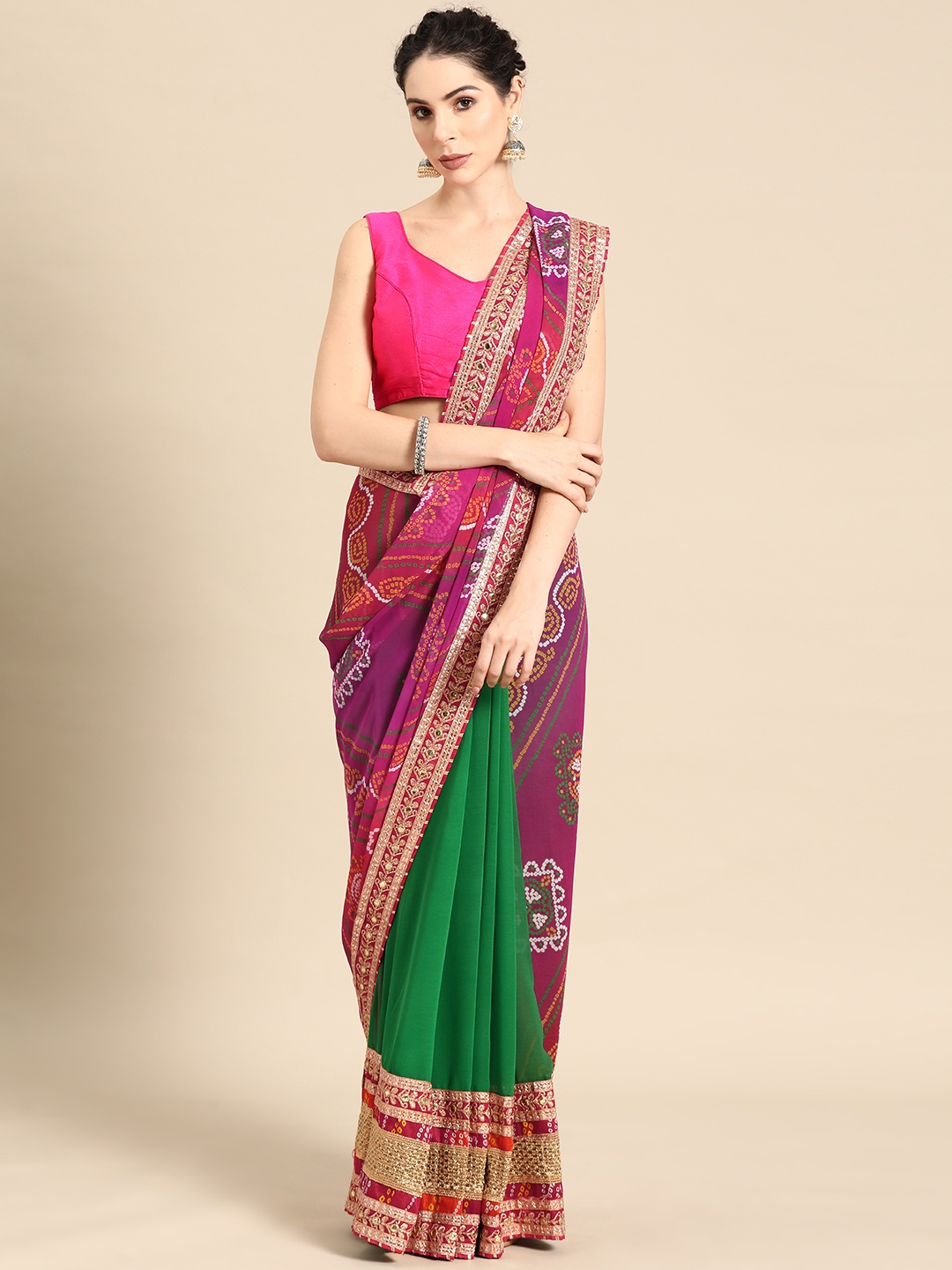 

Mitera Green & Pink Bandhani Embroidered Poly Georgette Designer Bandhani Saree