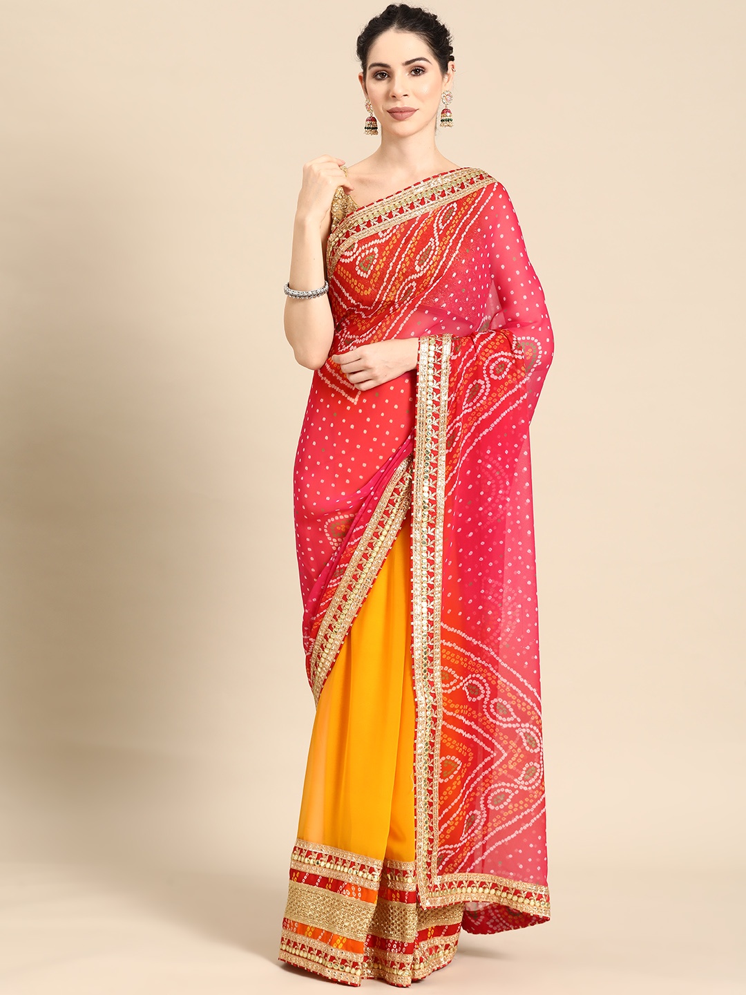 

Mitera Pink & Yellow Bandhani Embroidered Poly Georgette Designer Bandhani Saree