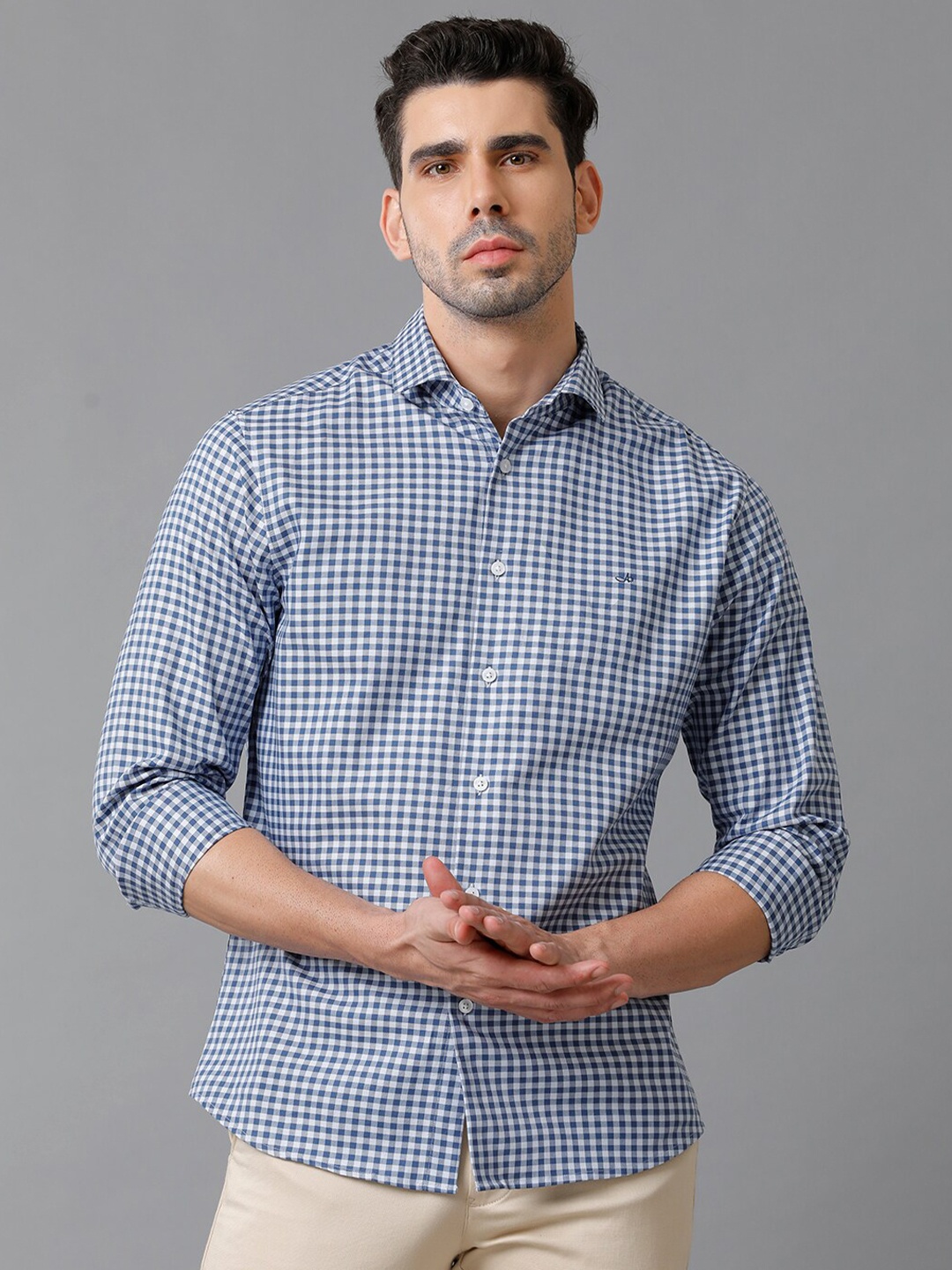 

Aldeno Comfort Gingham Checks Twill Spread Collar Long Sleeve Cotton Casual Shirt, Blue