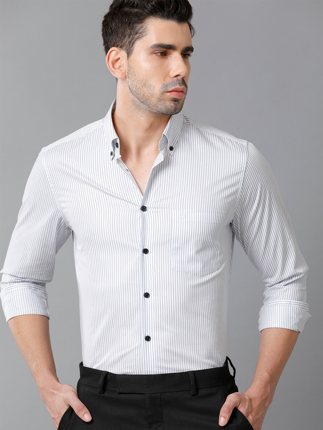 

Aldeno Vertical Stripes Button-Down Collar Cotton Formal Shirt, White