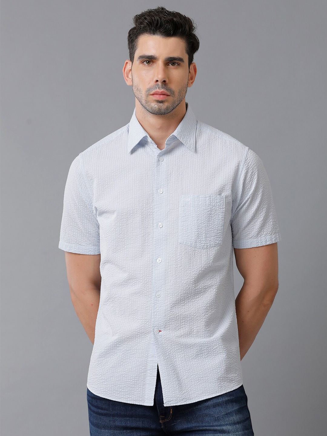 

Aldeno Comfort Seersucker Spread Collar Cotton Casual Shirt, Blue