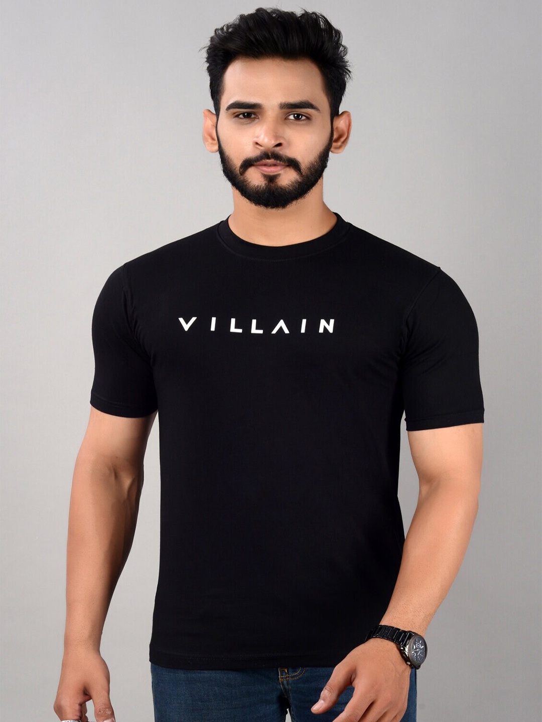 

VILLAIN Typography Printed Bio Finish Slim Fit T-shirt, Black