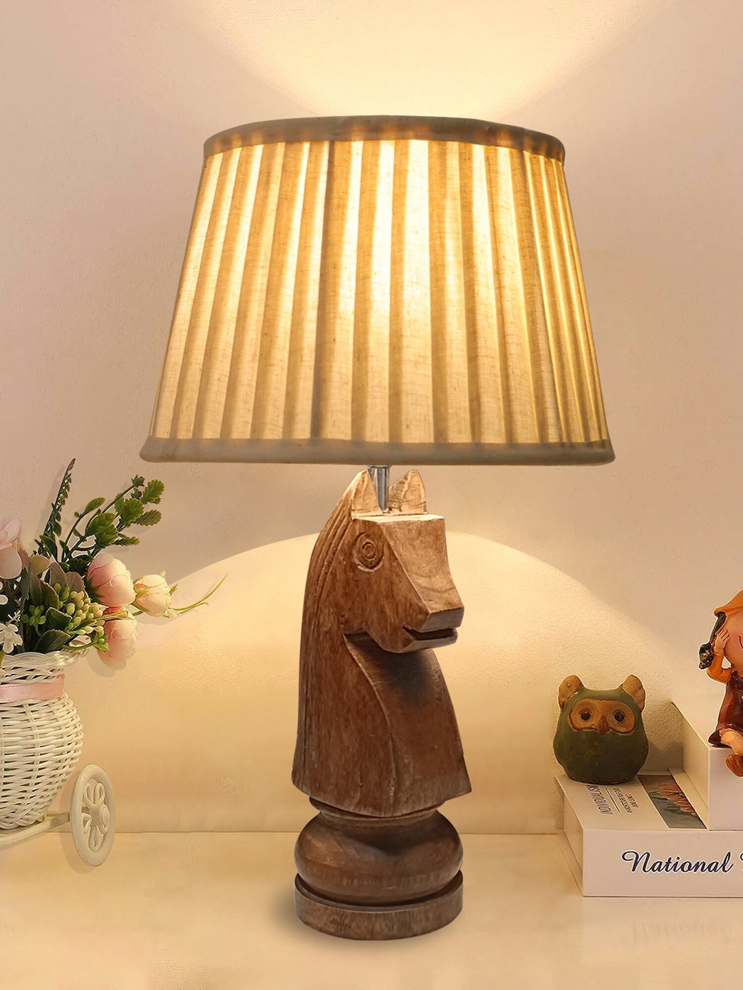

Homesake Beige & Brown Rustic Wood Base Fabric Shade Table Lamp