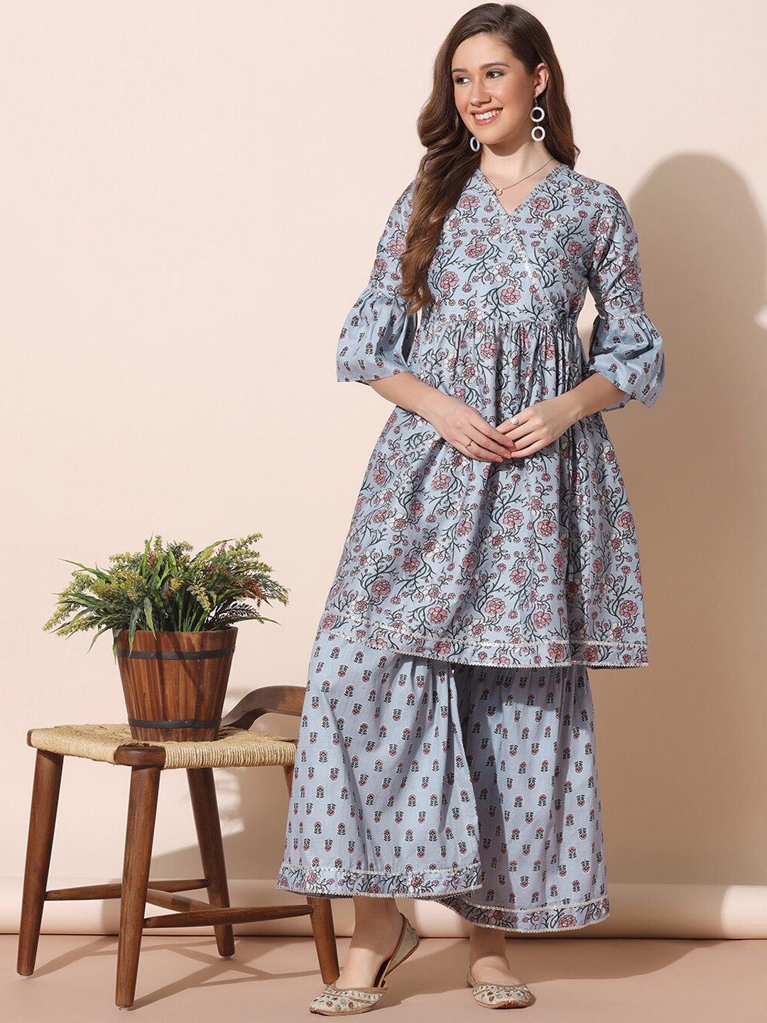 

FASHION DREAM Floral Printed Anarkali Kurta with Sharara, Grey