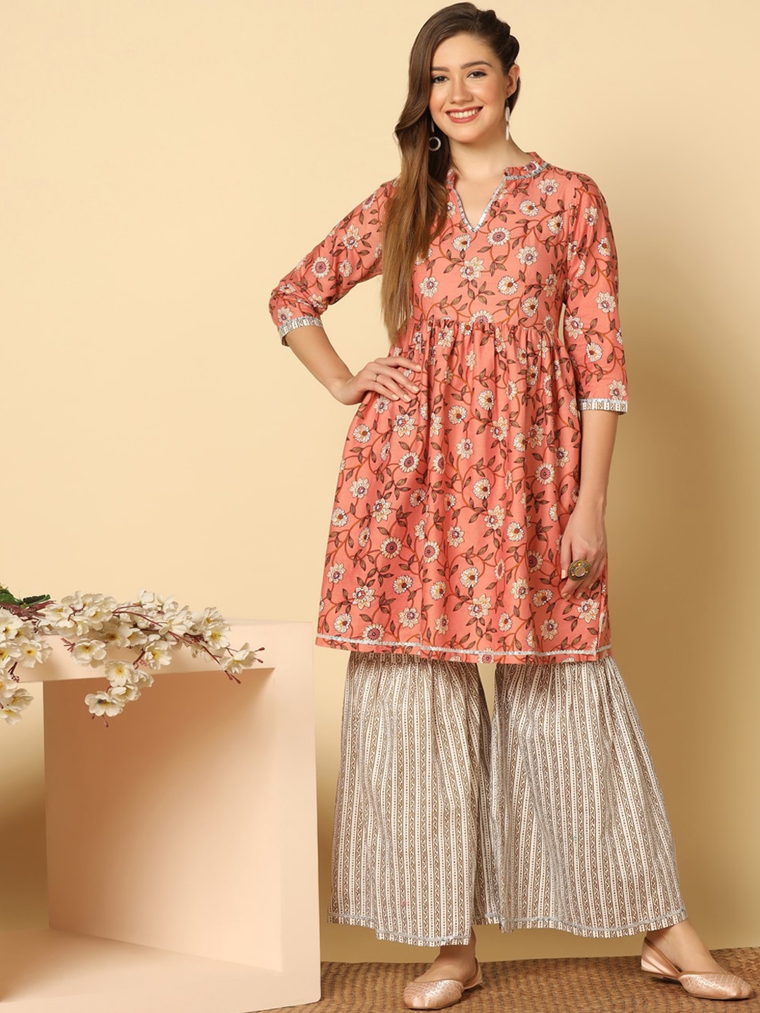 

FASHION DREAM Floral Printed Anarkali Kurta with Sharara, Peach