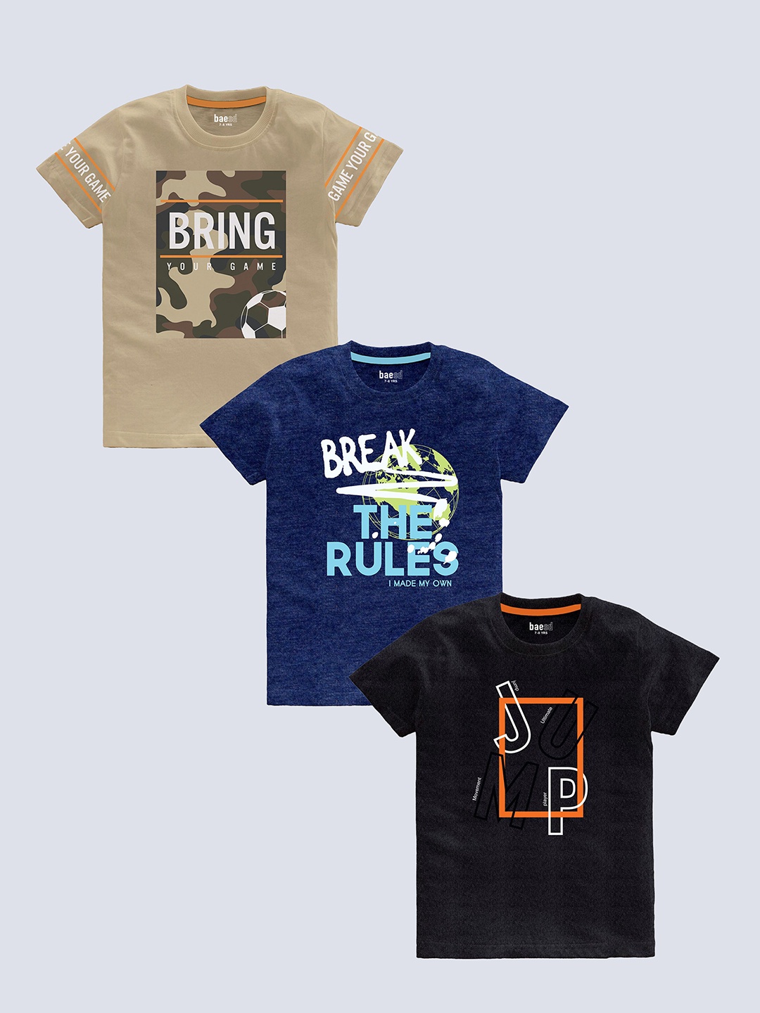 

BAESD Boys Pack of 3 Typography Printed Round Neck Short Sleeves Pure Cotton T-shirt, Khaki