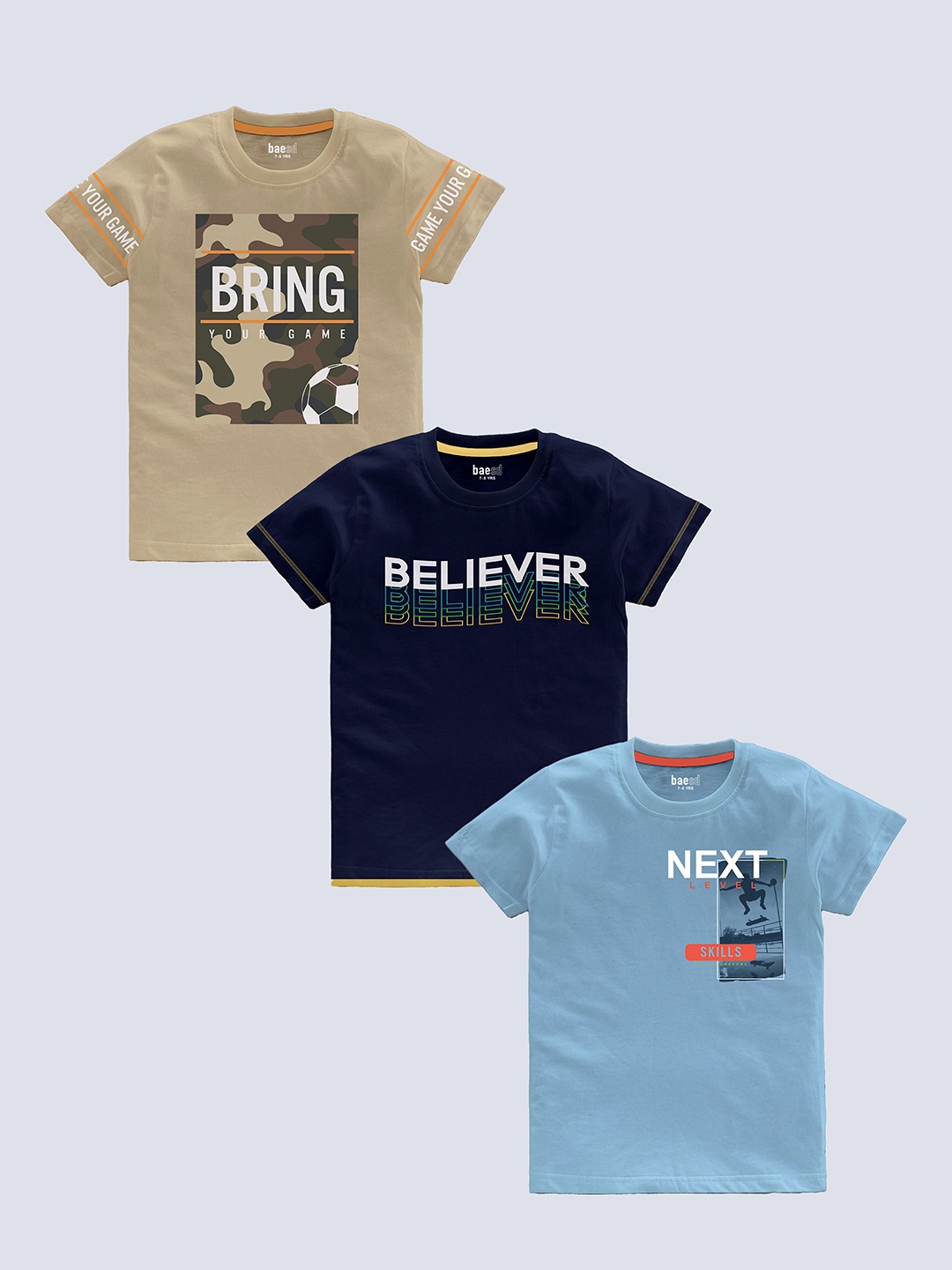 

BAESD Boys Pack of 3 Typography Printed Round Neck Short Sleeves Pure Cotton T-shirt, Khaki