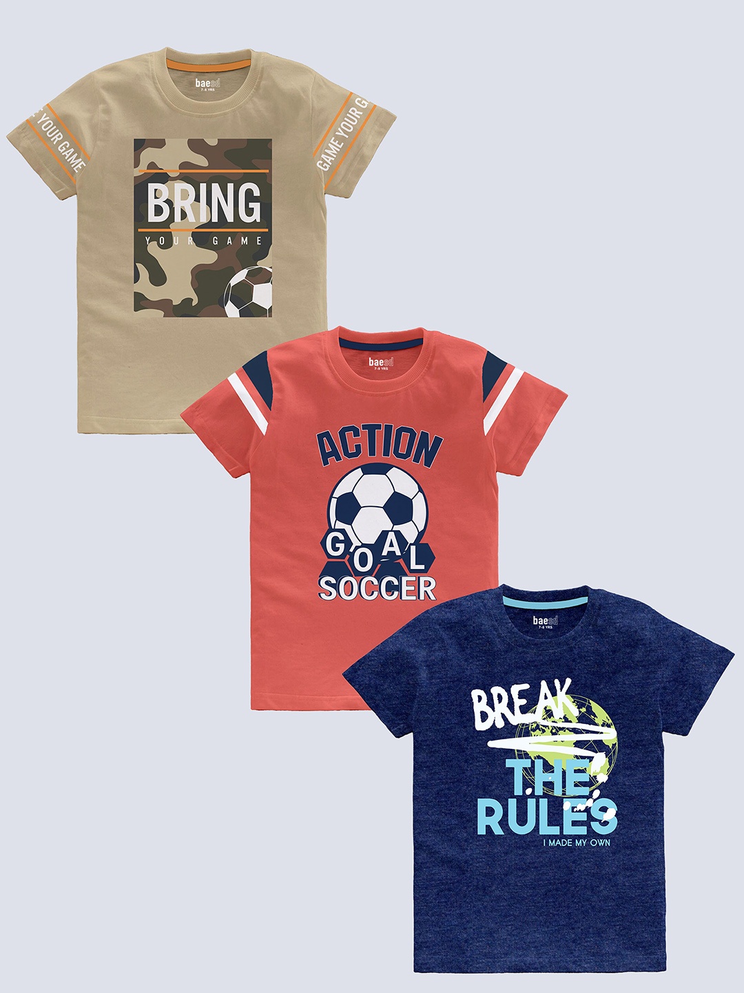 

BAESD Boys Pack Of 3 Typography Printed Pure Cotton T-shirt, Beige