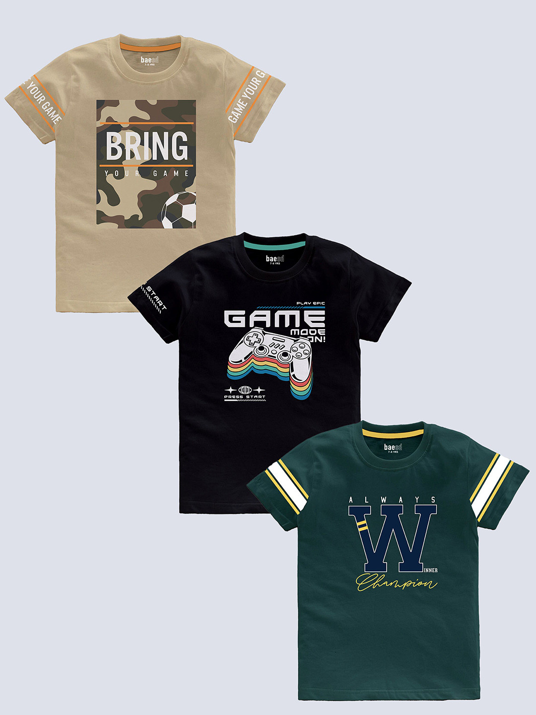 

BAESD Boys Pack Of 3 Typography Printed Pure Cotton T-shirt, Beige