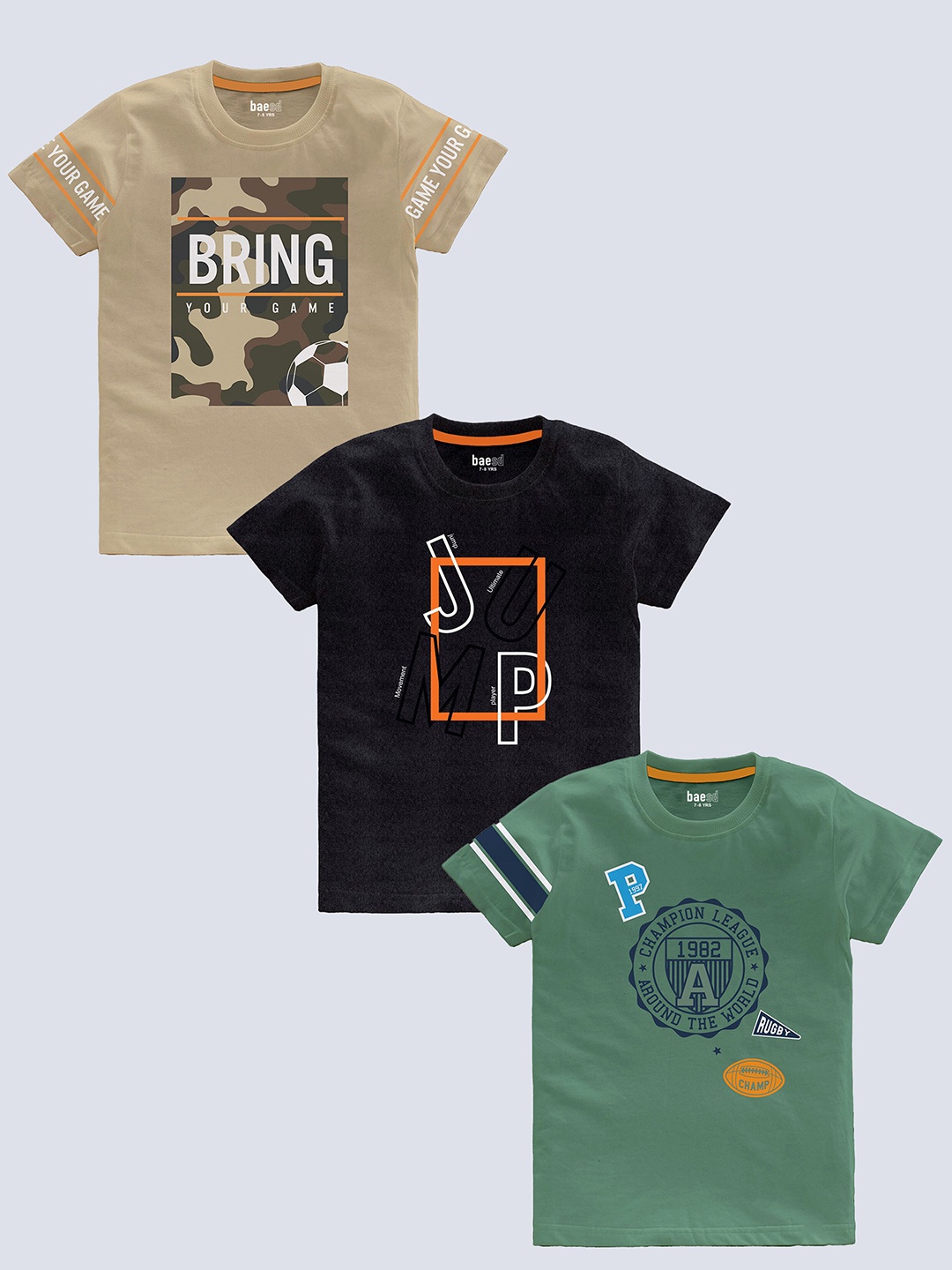 

BAESD Boys Pack Of 3 Typography Printed Pure Cotton T-shirt, Beige