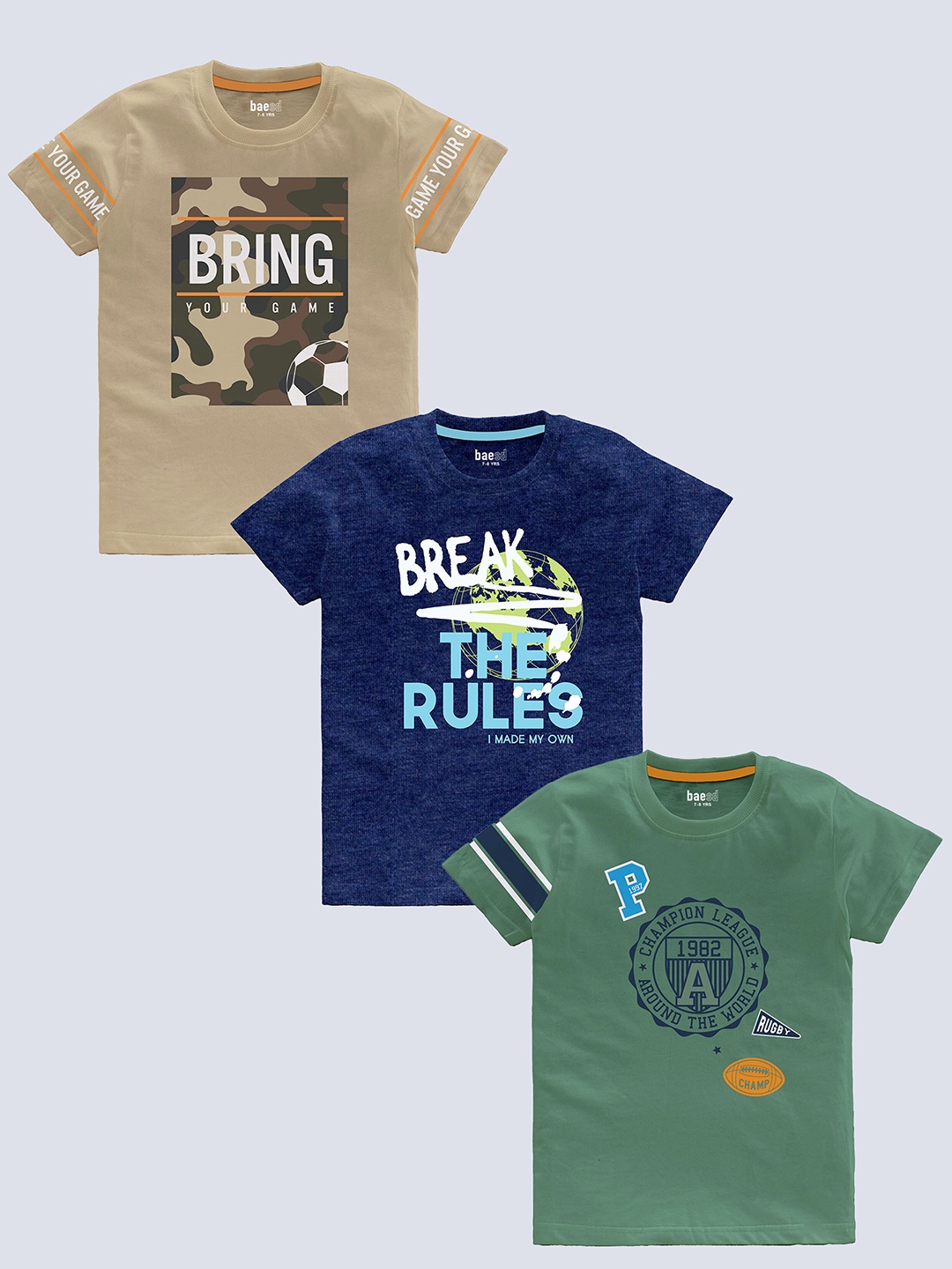 BAESD Boys Pack Of 3 Typography Printed Pure Cotton T-shirt, Beige