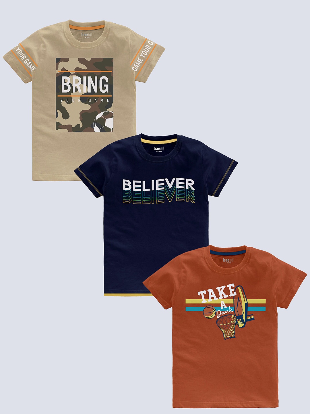 BAESD Boys Pack Of 3 Typography Printed Pure Cotton T-shirt, Beige
