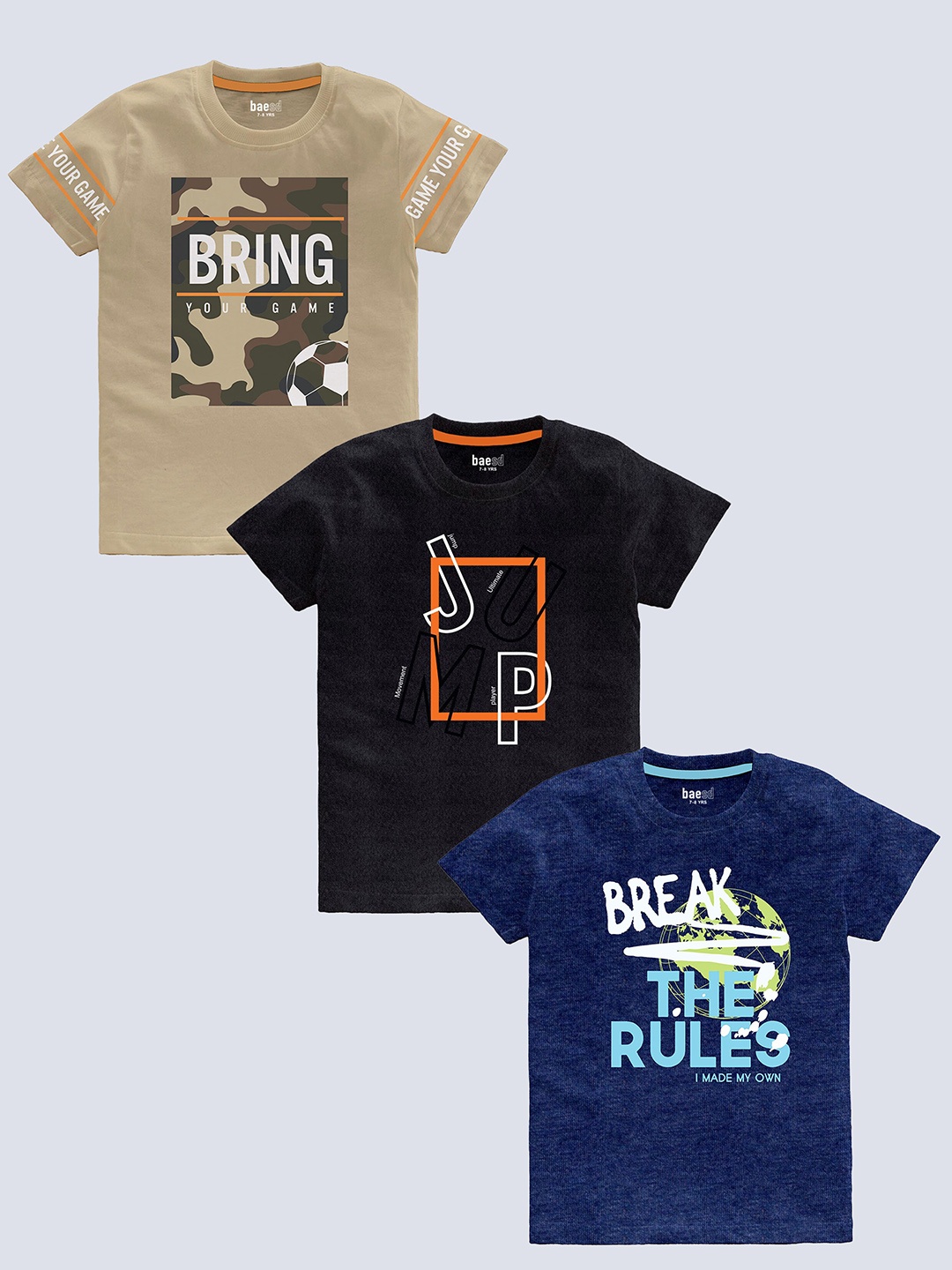 BAESD Boys Pack Of 3 Typography Printed Pure Cotton T-shirt, Beige