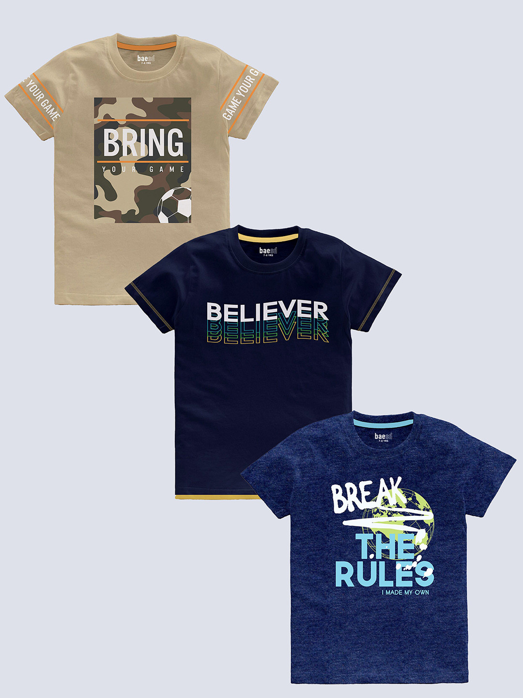 

BAESD Boys Pack Of 3 Typography Printed Pure Cotton T-shirt, Beige