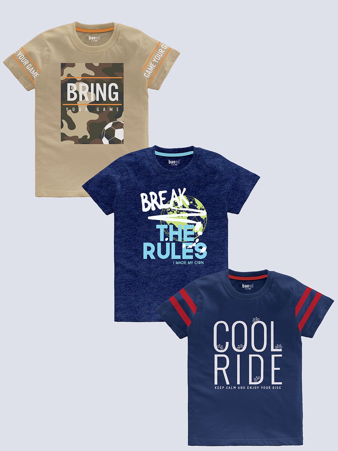 BAESD Boys Pack Of 3 Typography Printed Pure Cotton T-shirt, Beige