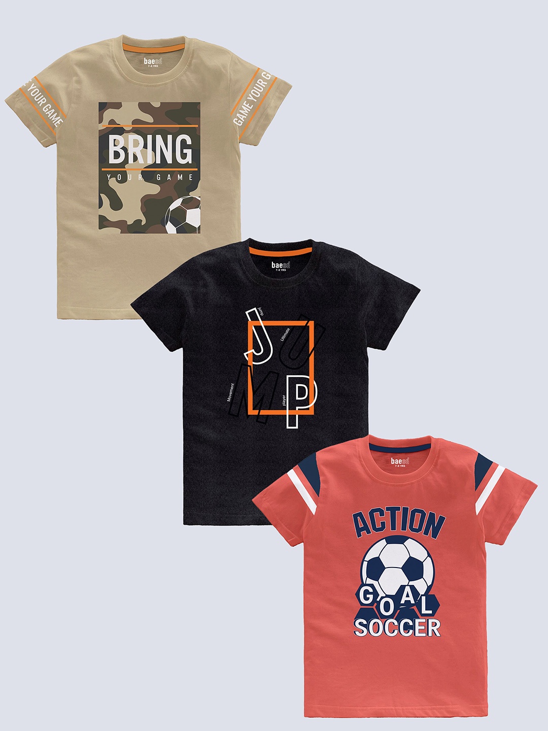 

BAESD Boys Pack Of 3 Typography Printed Pure Cotton T-shirt, Beige