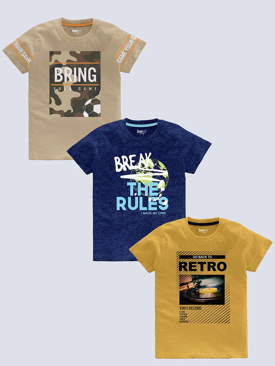 BAESD Boys Pack Of 3 Typography Printed Pure Cotton T-shirt, Beige